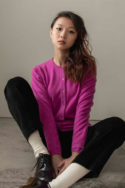 Women's Cashmere High Button Cardigan - Raspberry