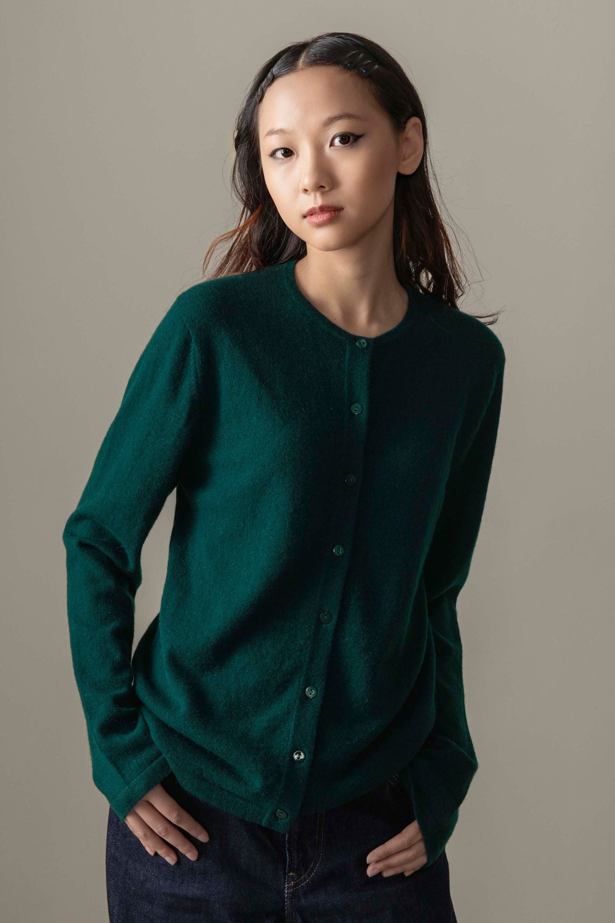 Cashmere High Button Cardigan Forest Green