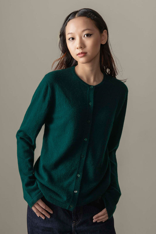 Women's Cashmere High Button Cardigan - Forest Green