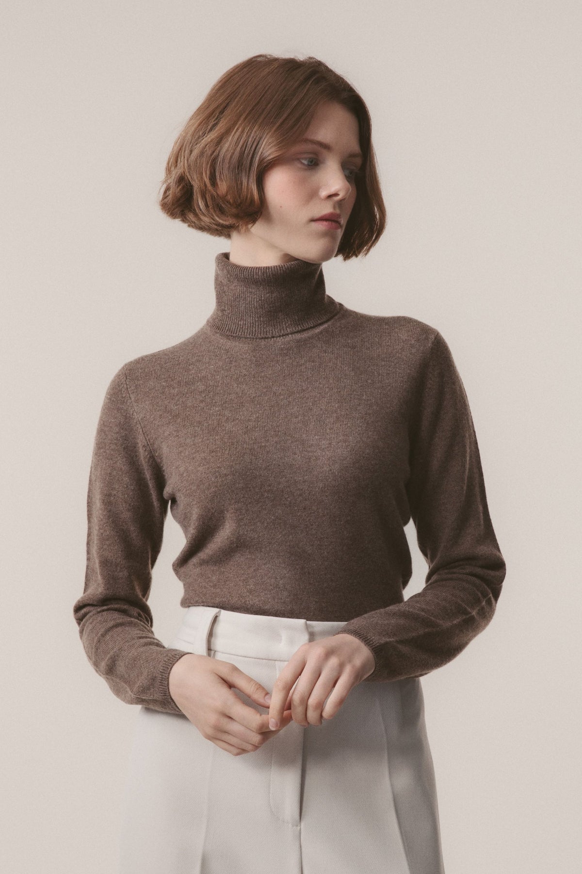 Women's Cashmere Polo Neck Jumper - Squirrel