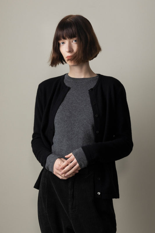 Women's Cashmere High Button Cardigan - Black