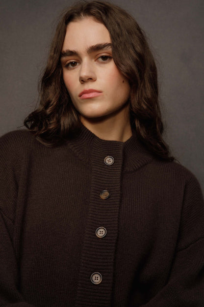 Women’s Cashmere Funnel Neck Cardigan - Peat Brown