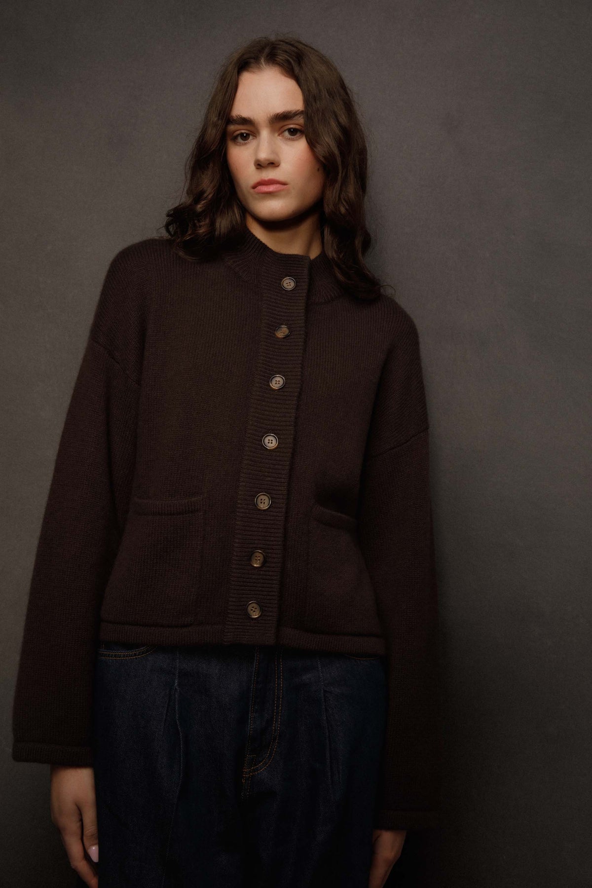 Women’s Cashmere Funnel Neck Cardigan - Peat Brown