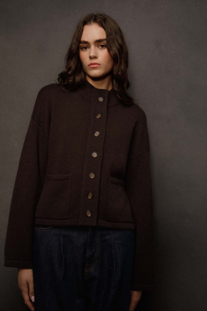 Women’s Cashmere Funnel Neck Cardigan - Peat Brown