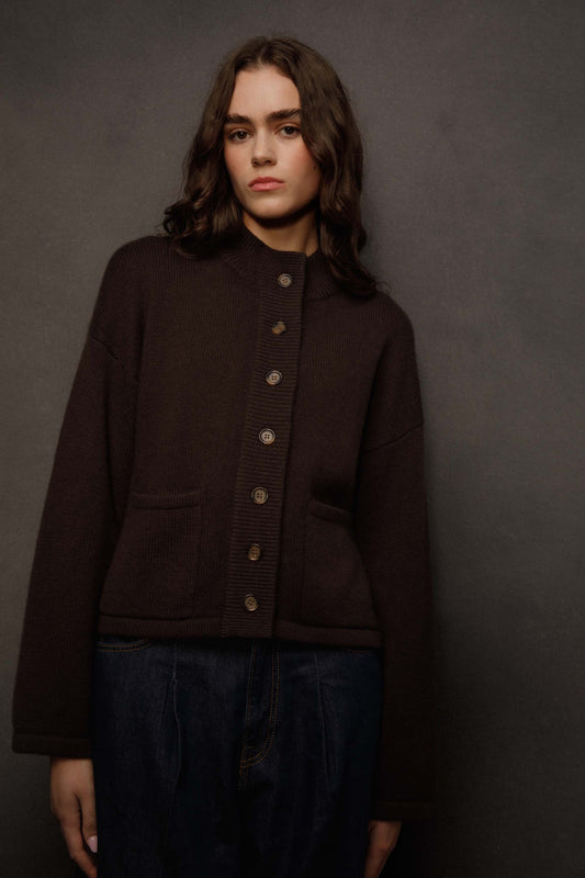 Women’s Cashmere Funnel Neck Cardigan - Peat Brown