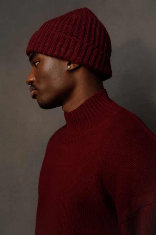 Ribbed Cashmere Beanie - Burgundy