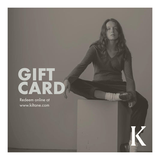 Kiltane Gift Card – online-only digital gift card, redeemable at kiltane.com, shown with editorial fashion imagery