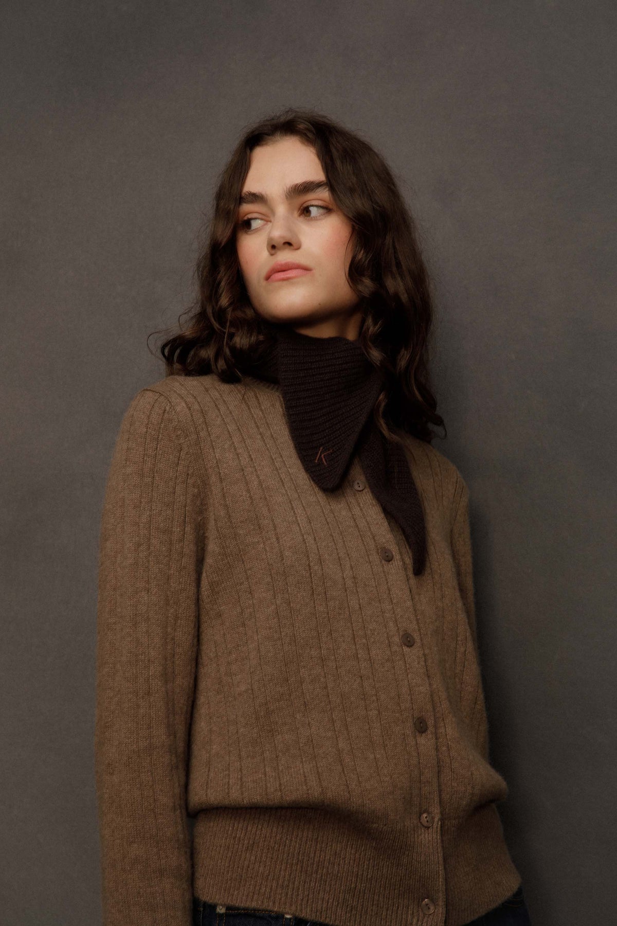 Knitted Cashmere Neck Tie - Peat Brown