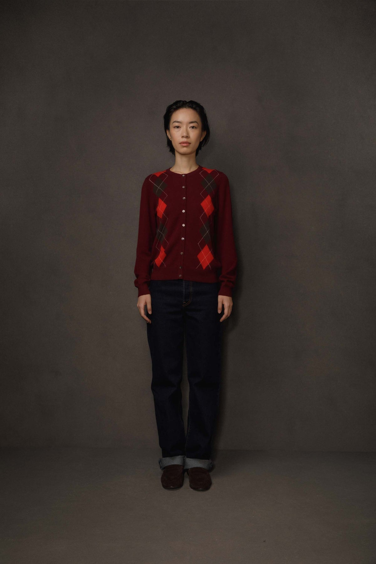 Women's Argyle Cashmere Cardigan - Burgundy