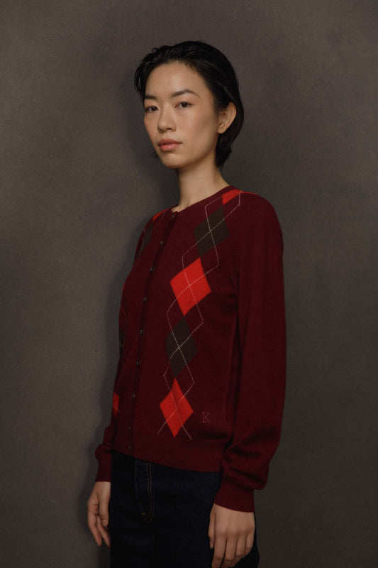 Women's Argyle Cashmere Cardigan - Burgundy