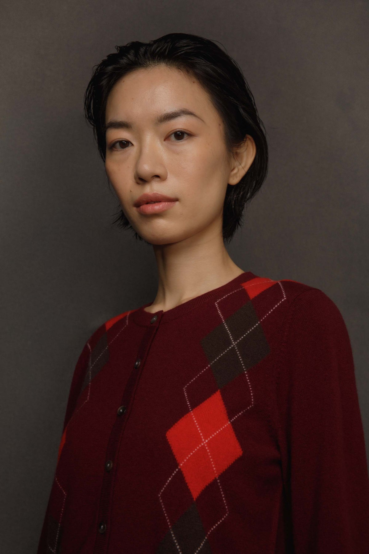 Women's Argyle Cashmere Cardigan - Burgundy
