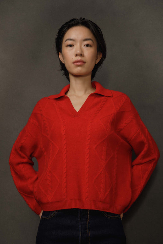 Women's Cable Cashmere Polo Jumper - Red