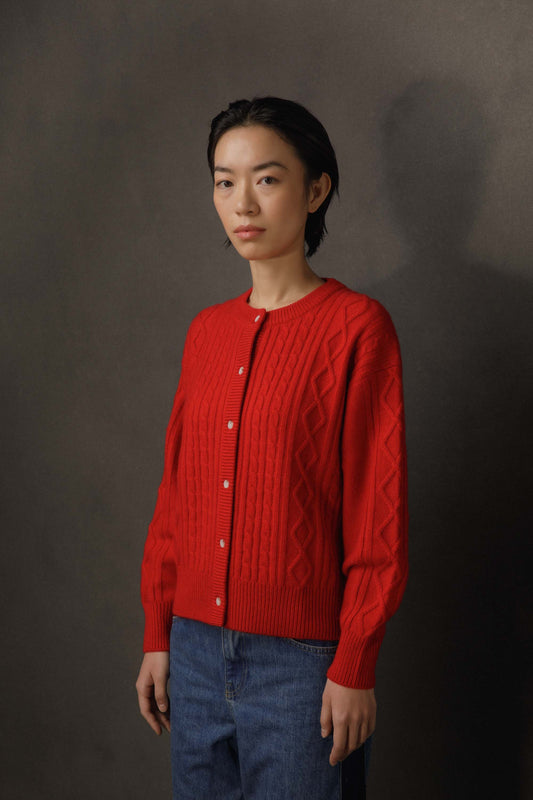 Women's Chunky Knit Cable Cashmere Cardigan - Red