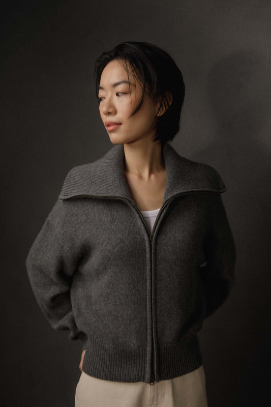 Women's Full Zip Funnel Neck Cashmere Jacket - Grey