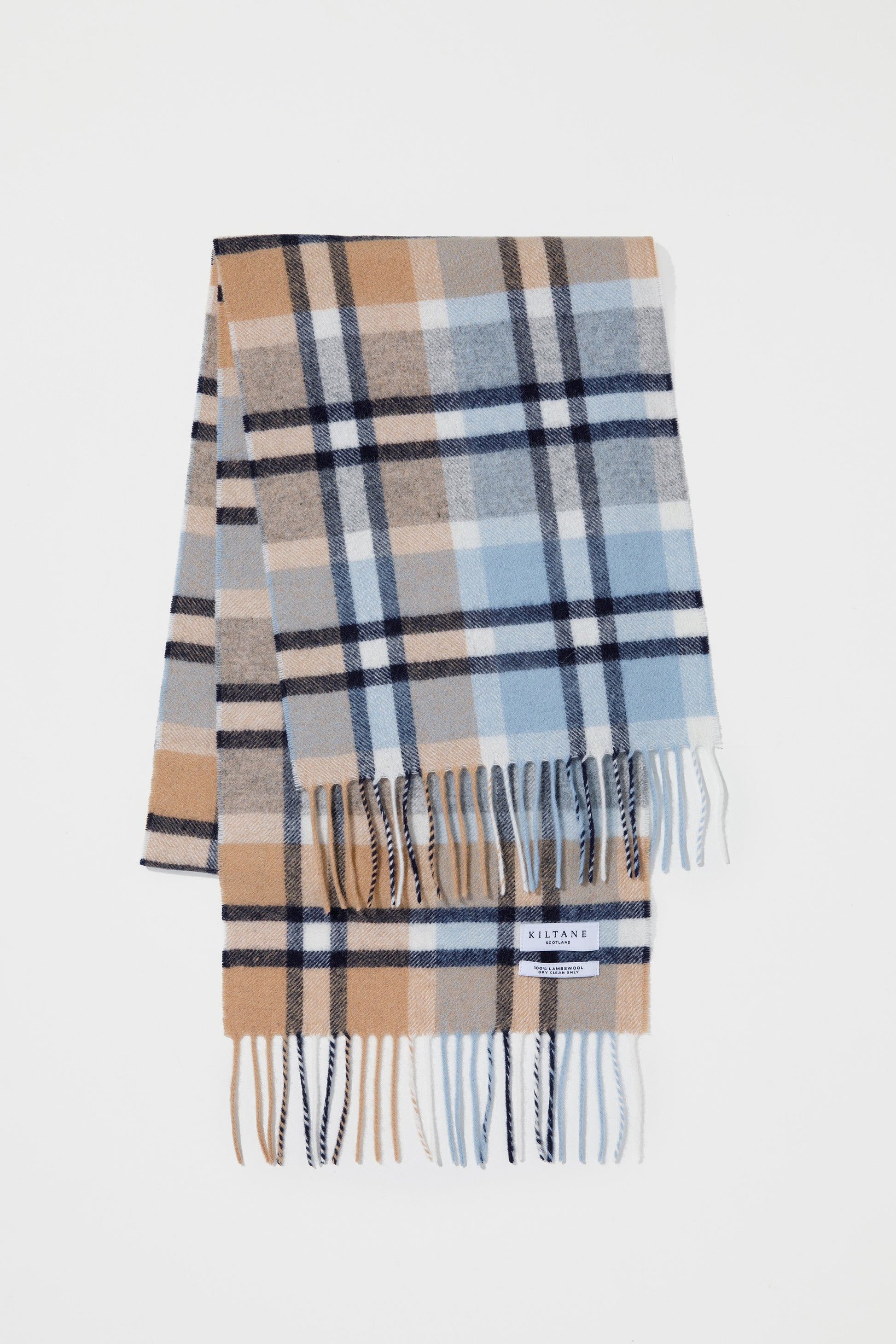 Kiltane Contemporary Check Lambswool Scarf in Sky Blue Camel Colinton plaid with fringed ends, folded flat on white background