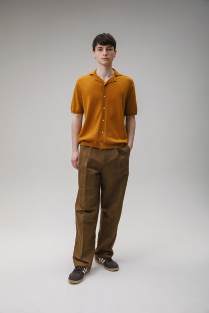 Button Through Cashmere Polo Shirt - Amber Haze