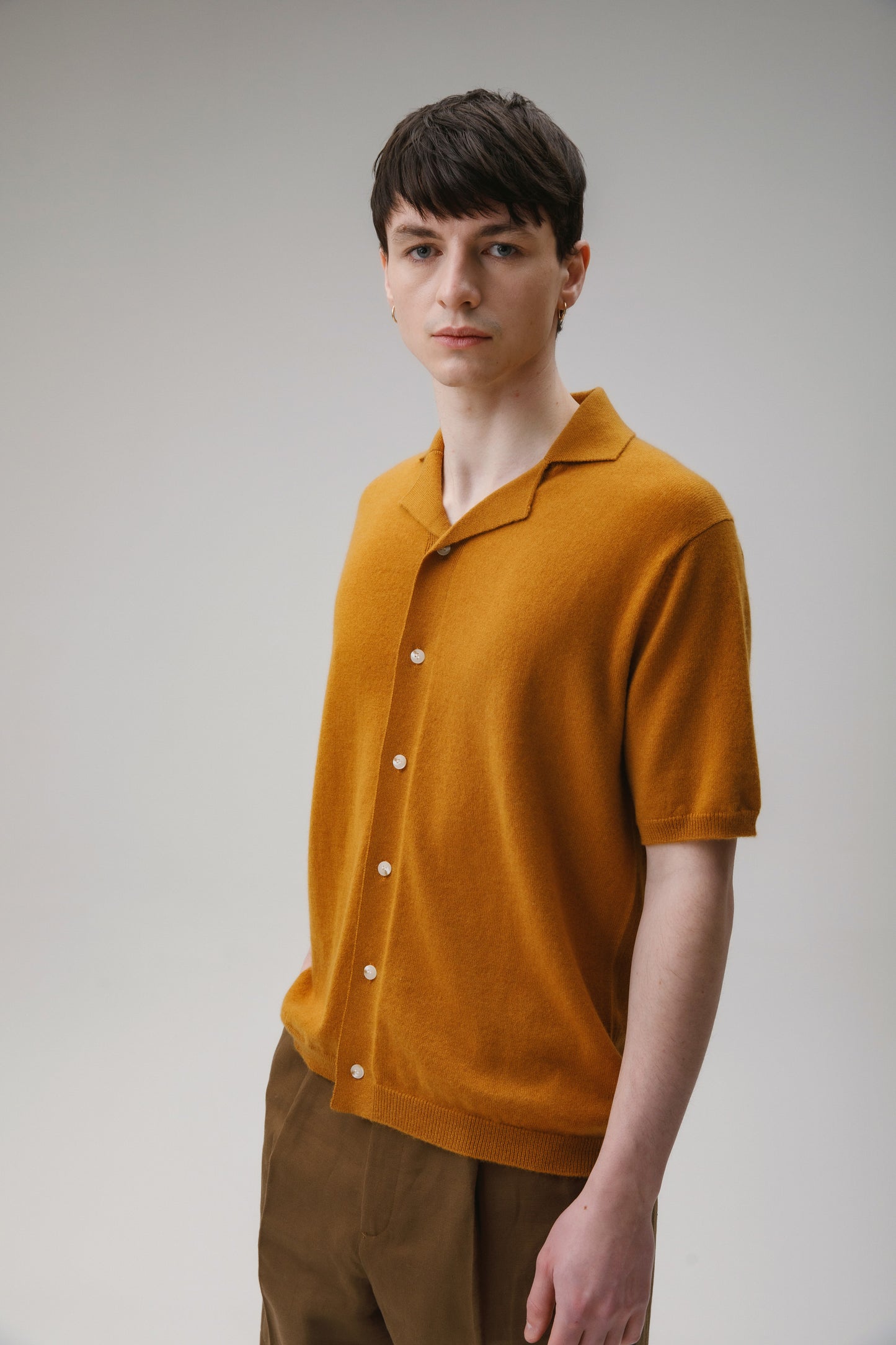 Button Through Cashmere Polo Shirt - Amber Haze