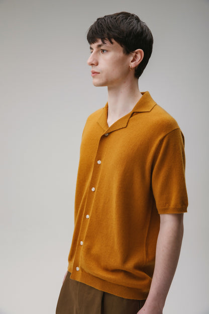 Button Through Cashmere Polo Shirt - Amber Haze