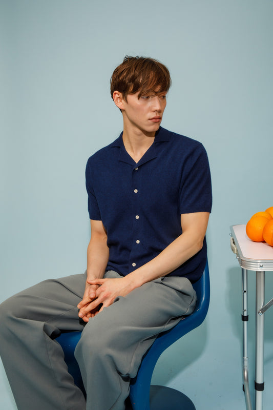 Button Through Cashmere Polo Shirt - Cosmos