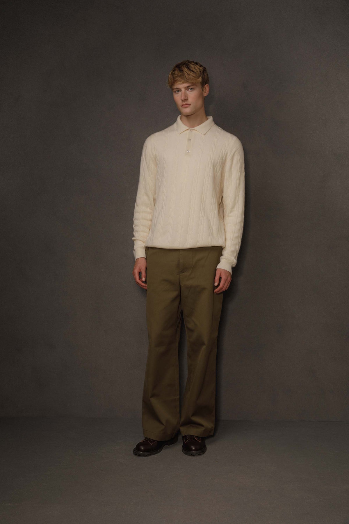 Men's Cable Long Sleeve Cashmere Polo - Cream