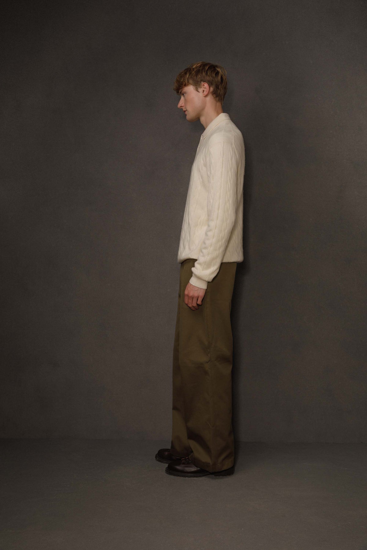 Men's Cable Long Sleeve Cashmere Polo - Cream