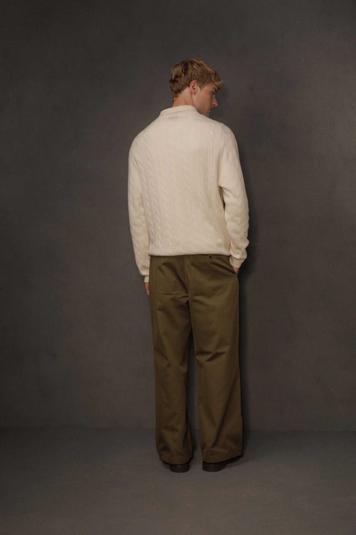 Men's Cable Long Sleeve Cashmere Polo - Cream