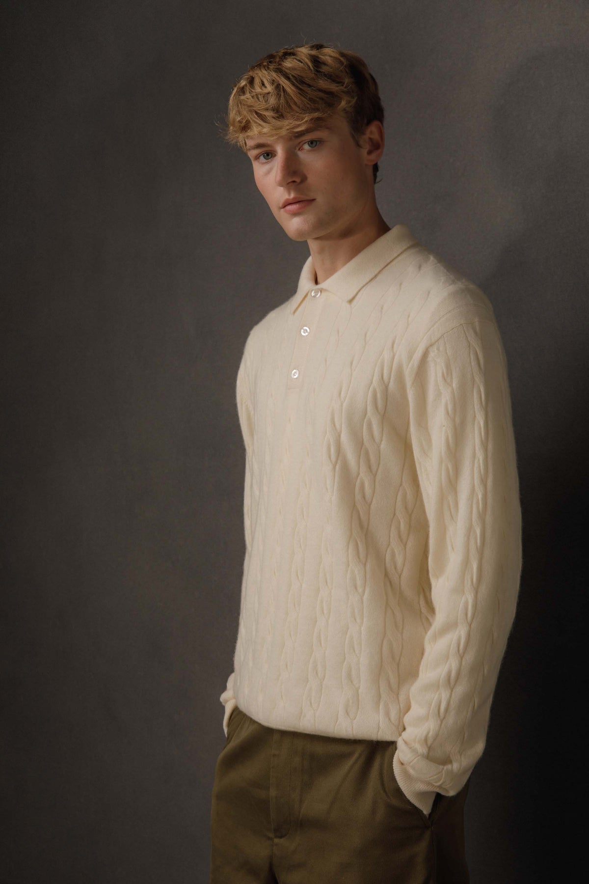 Men's Cable Long Sleeve Cashmere Polo - Cream