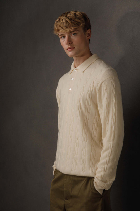 Men's Cable Long Sleeve Cashmere Polo - Cream