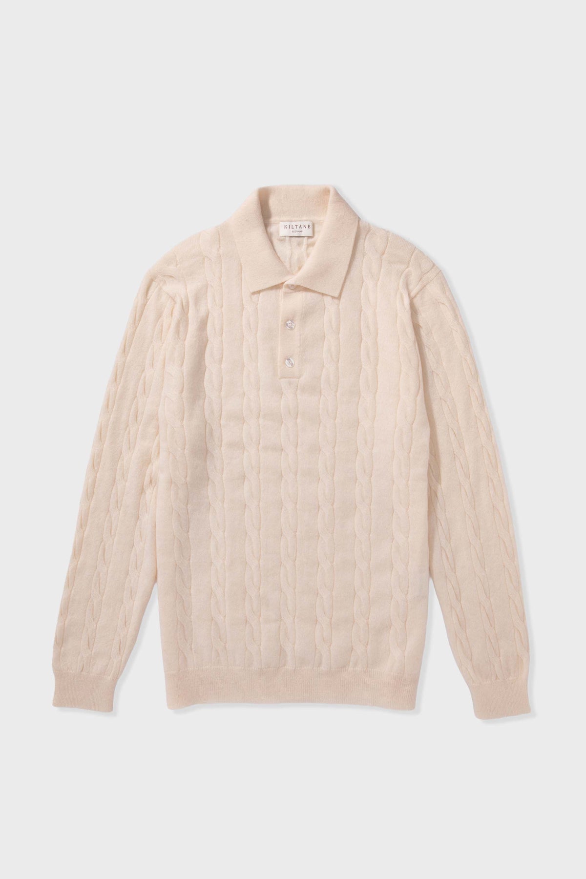 Men's Cable Long Sleeve Cashmere Polo - Cream
