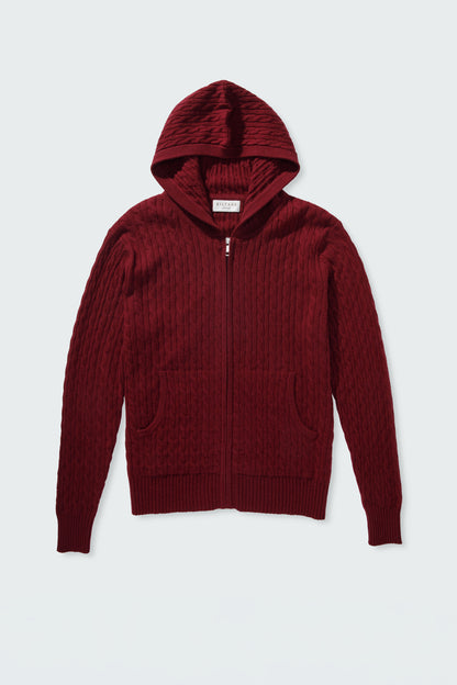 Unisex Cable Zip Cashmere Hoodie - Burgundy