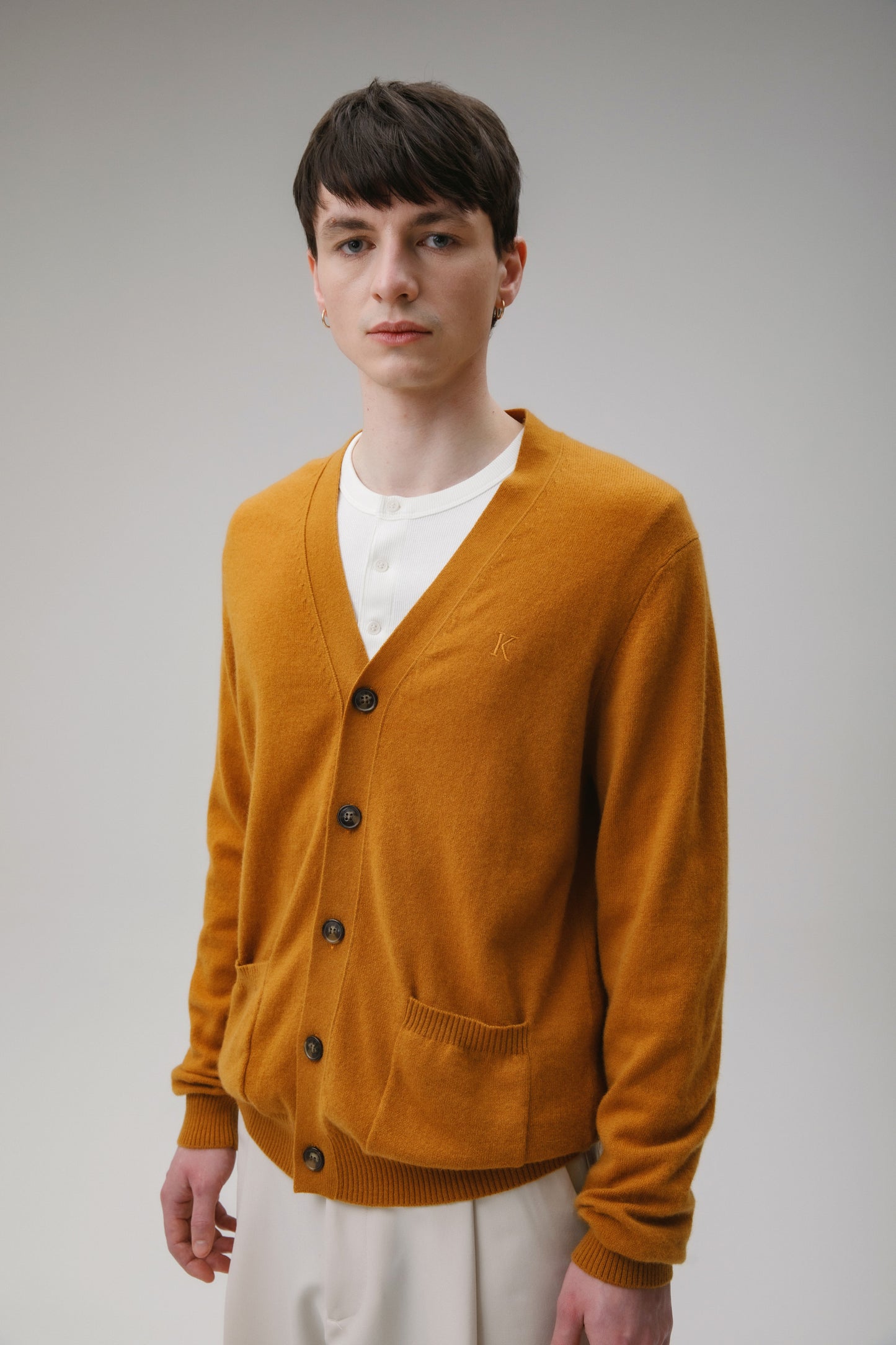 Unisex V Neck Pocket Cashmere Cardigan - Gingersnap
