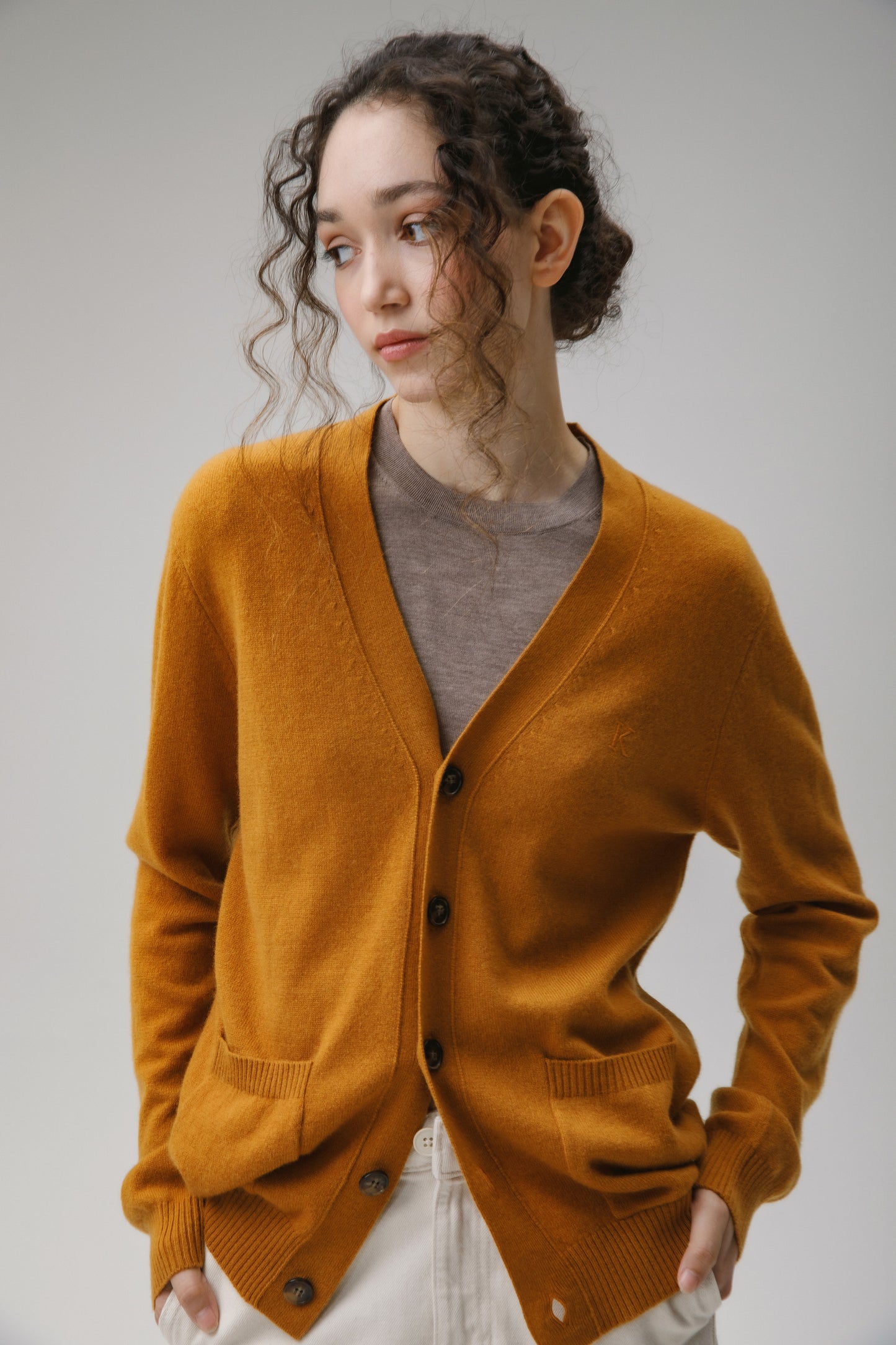 Unisex V Neck Pocket Cashmere Cardigan - Gingersnap