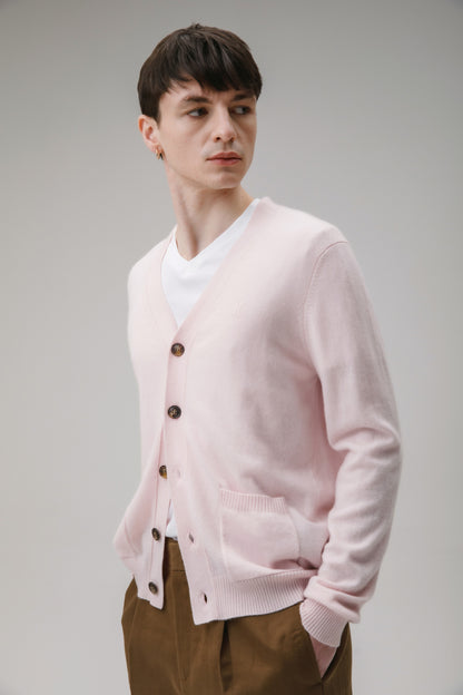 Unisex V Neck Pocket Cashmere Cardigan - Pale Pink