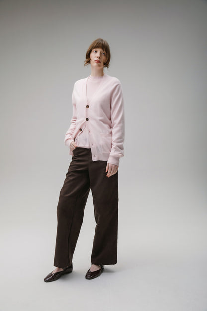 Unisex V Neck Pocket Cashmere Cardigan - Pale Pink