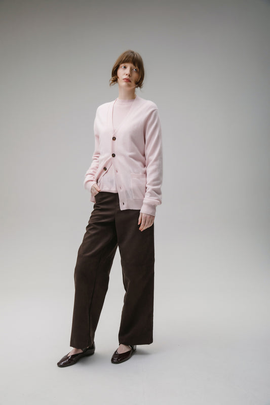 Unisex V Neck Pocket Cashmere Cardigan - Pale Pink
