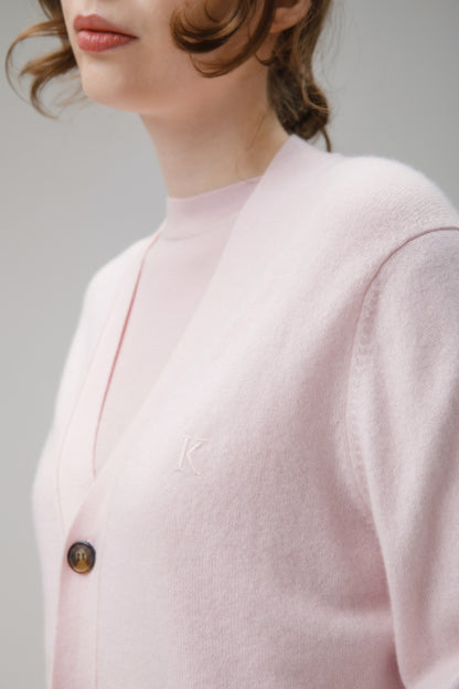 Unisex V Neck Pocket Cashmere Cardigan - Pale Pink