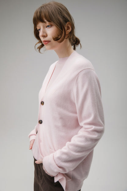 Unisex V Neck Pocket Cashmere Cardigan - Pale Pink