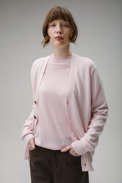 Unisex V Neck Pocket Cashmere Cardigan - Pale Pink