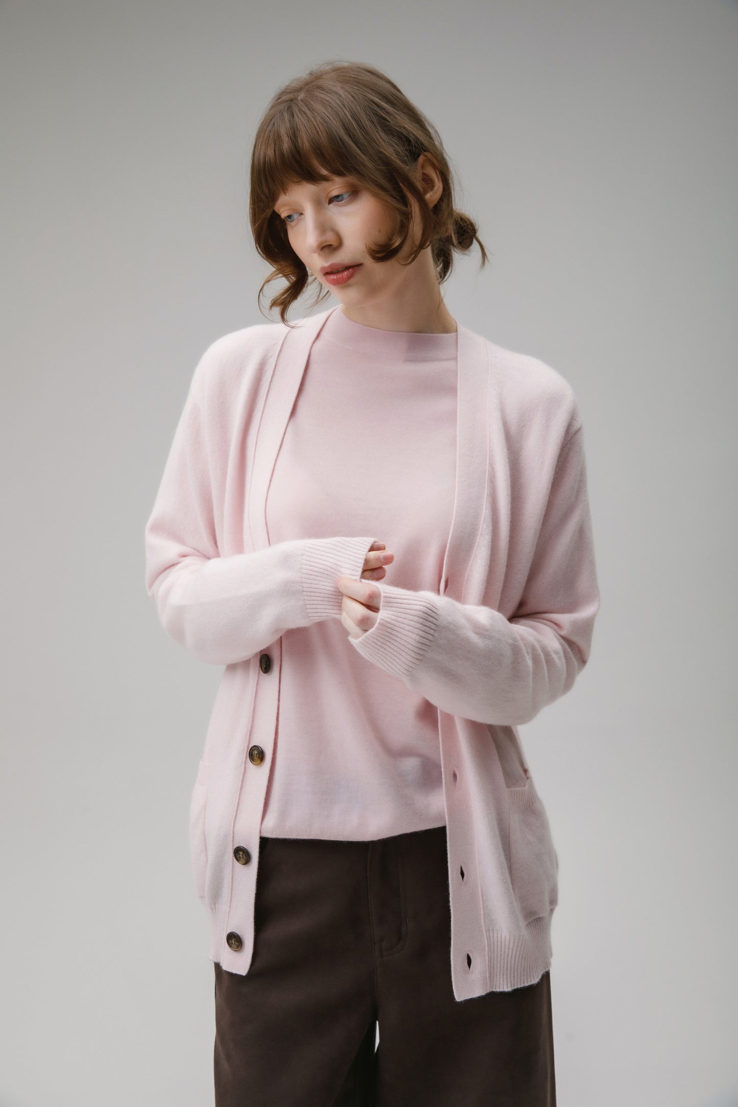 Unisex V Neck Pocket Cashmere Cardigan - Pale Pink