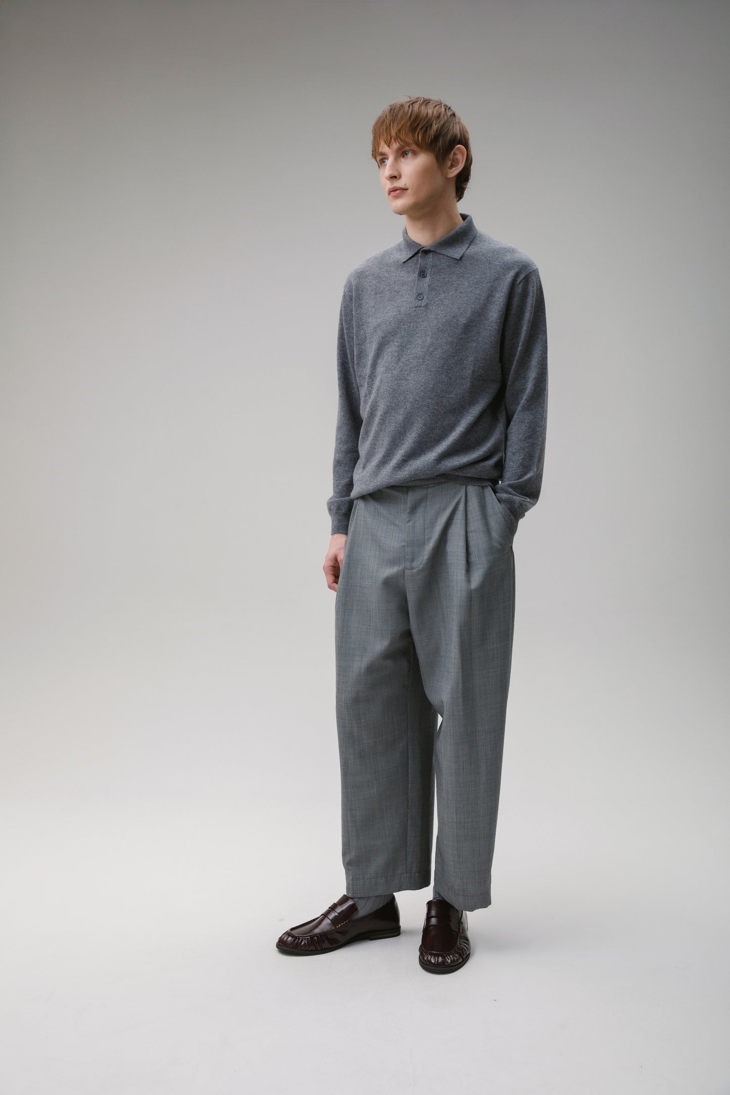Men's Long Sleeved Knitted Polo Shirt - Derby Grey