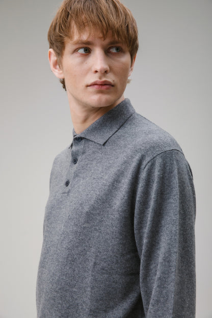 Men's Long Sleeved Knitted Polo Shirt - Derby Grey