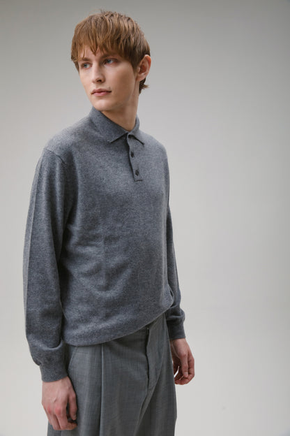 Men's Long Sleeved Knitted Polo Shirt - Derby Grey
