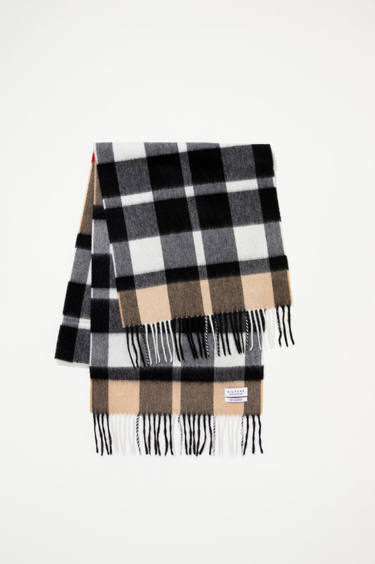 Cashmere Wide Scarf in Exploded Camel Thompson folded flat showing full check pattern with black, white, and camel tones and fringed ends