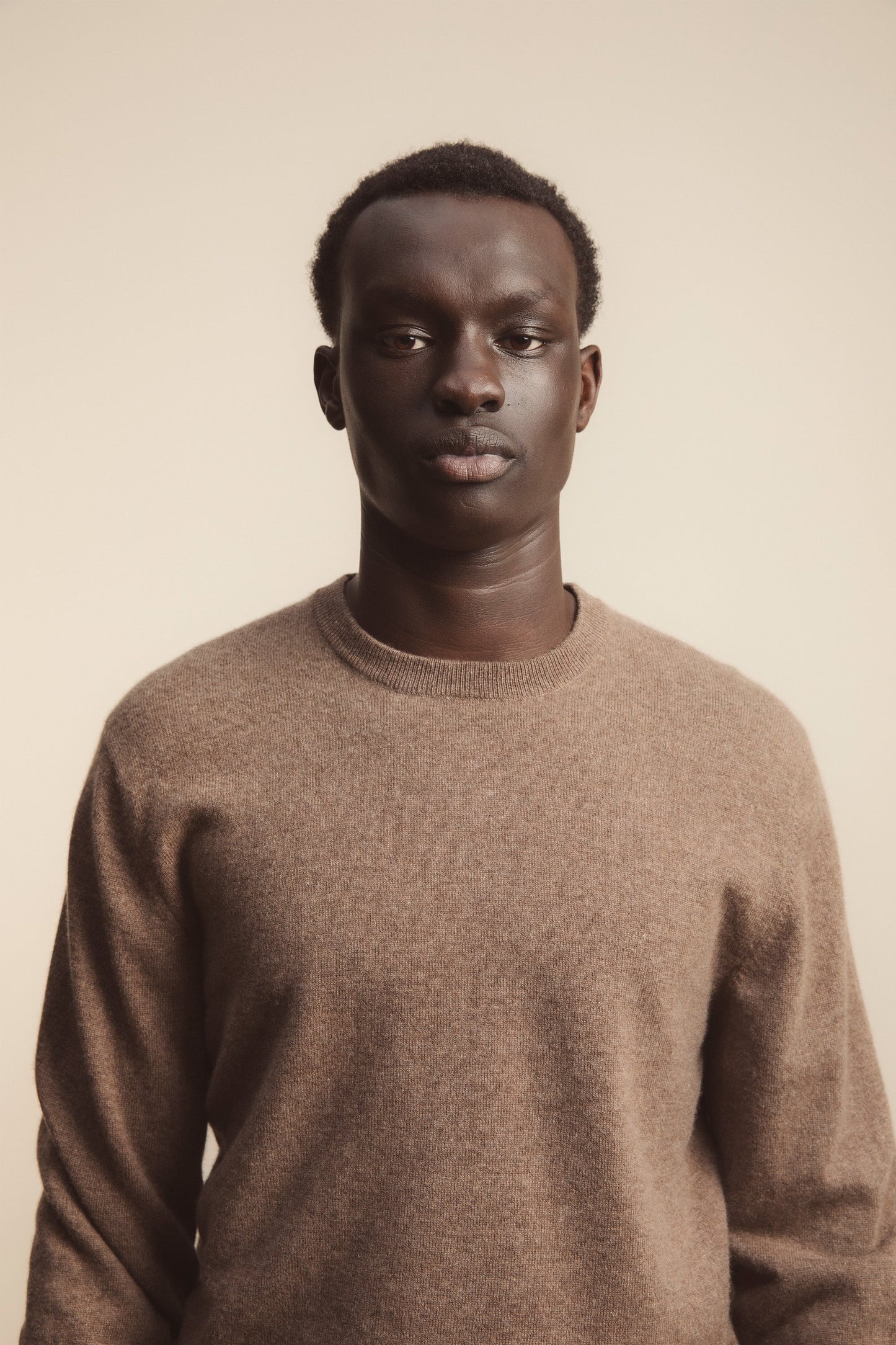 Men's Cashmere Crew Neck Jumper in Squirrel, a warm brown knit with relaxed fit and ribbed neckline, worn front-facing