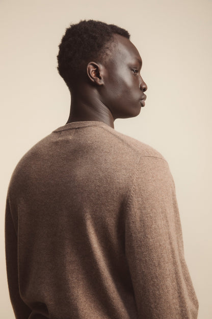 Back view of Men's Cashmere Crew Neck Jumper in Squirrel brown showing shoulder seam detail and relaxed fit