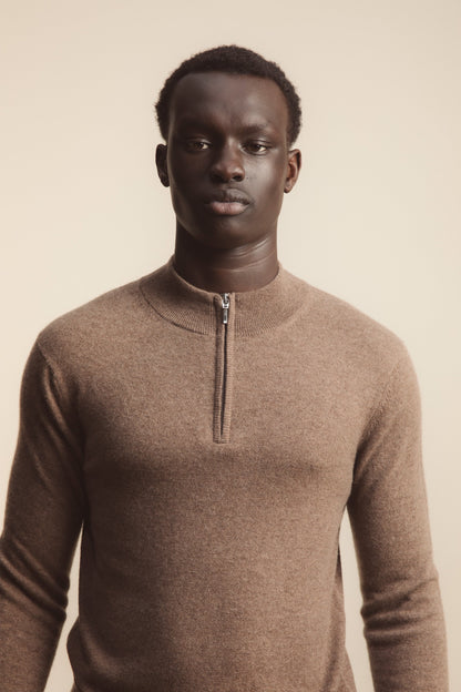 Men's Half Zip Jumper in Squirrel, a warm brown 100% cashmere knit with mock neck and silver half-zip closure
