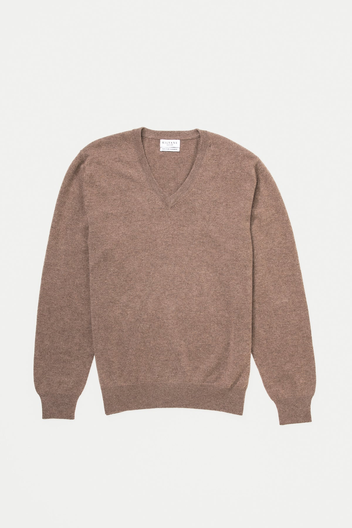 Men's Cashmere V Neck Jumper in Squirrel brown, flat lay front view showing the fine-knit texture and ribbed cuffs