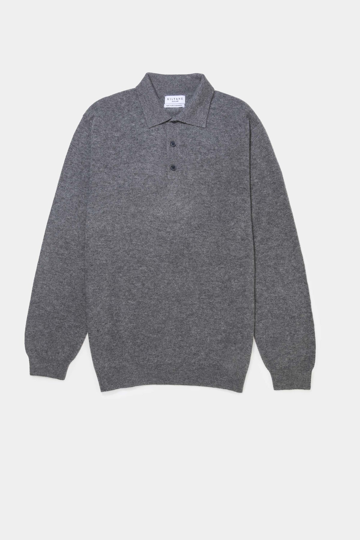 Kiltane Men's Long Sleeved Knitted Polo Shirt in Derby Grey laid flat, showing front placket with three-button closure