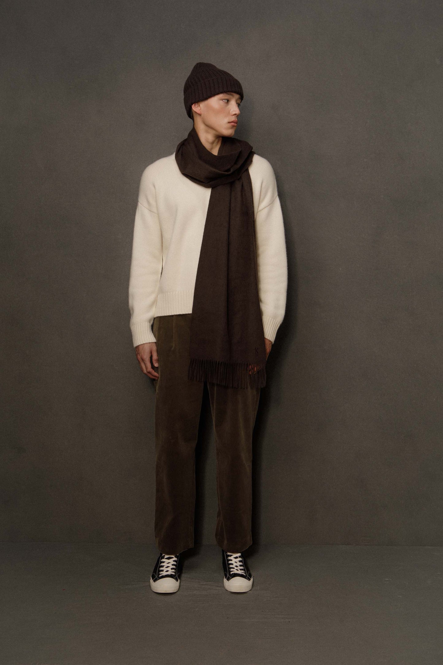Solid Cashmere Wide Scarf - Peat Brown