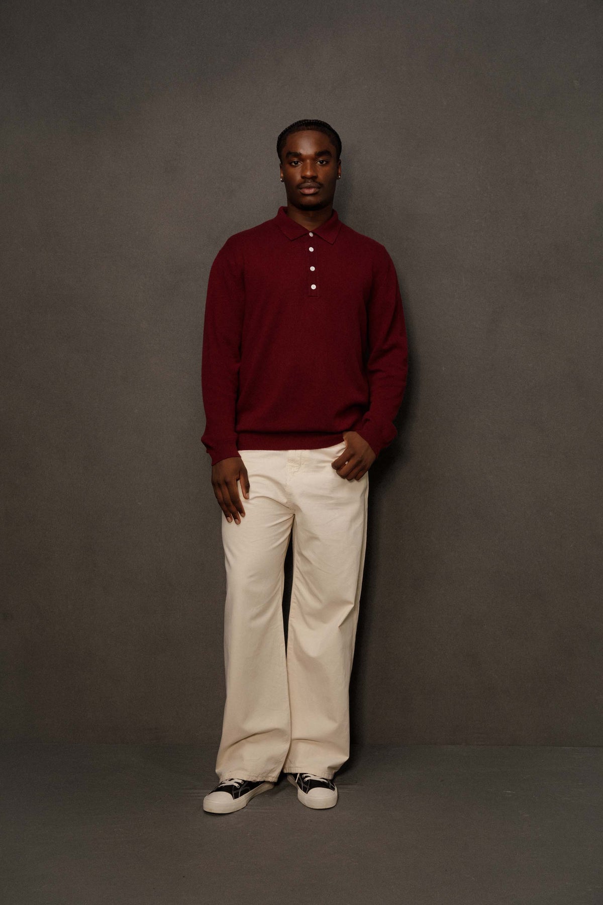 Men’s Cashmere Long Sleeve Polo - Burgundy